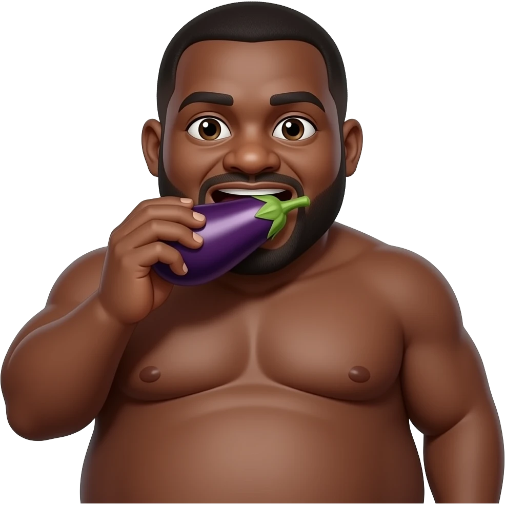 a fat guy with dark skin and a big butt nose him eating an eggplant in his mouth emoji
