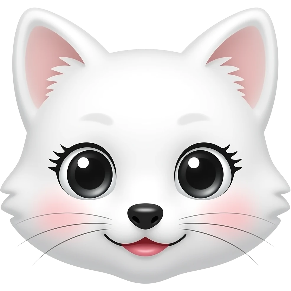 Cute white fox emoji with pretty long lashes and big eyes and pink lips and cheeks with manhwa type and only face and written upside with small elegant writting "foxy" emoji
