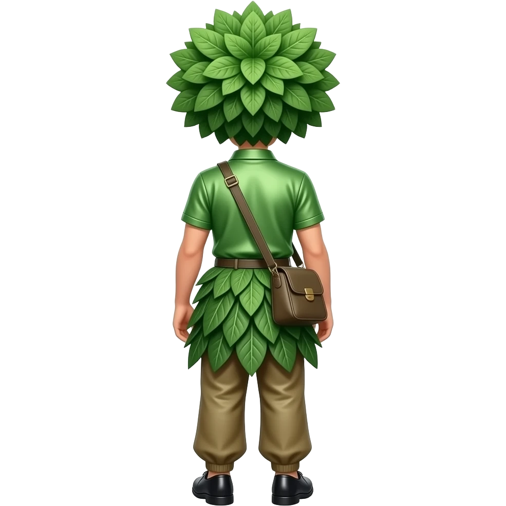 The Tree of Wisdom from behind with green leave wig, green metallic dress shirt, dark green leaves skirt, khaki metallic baggy pants, black dress shoes emoji