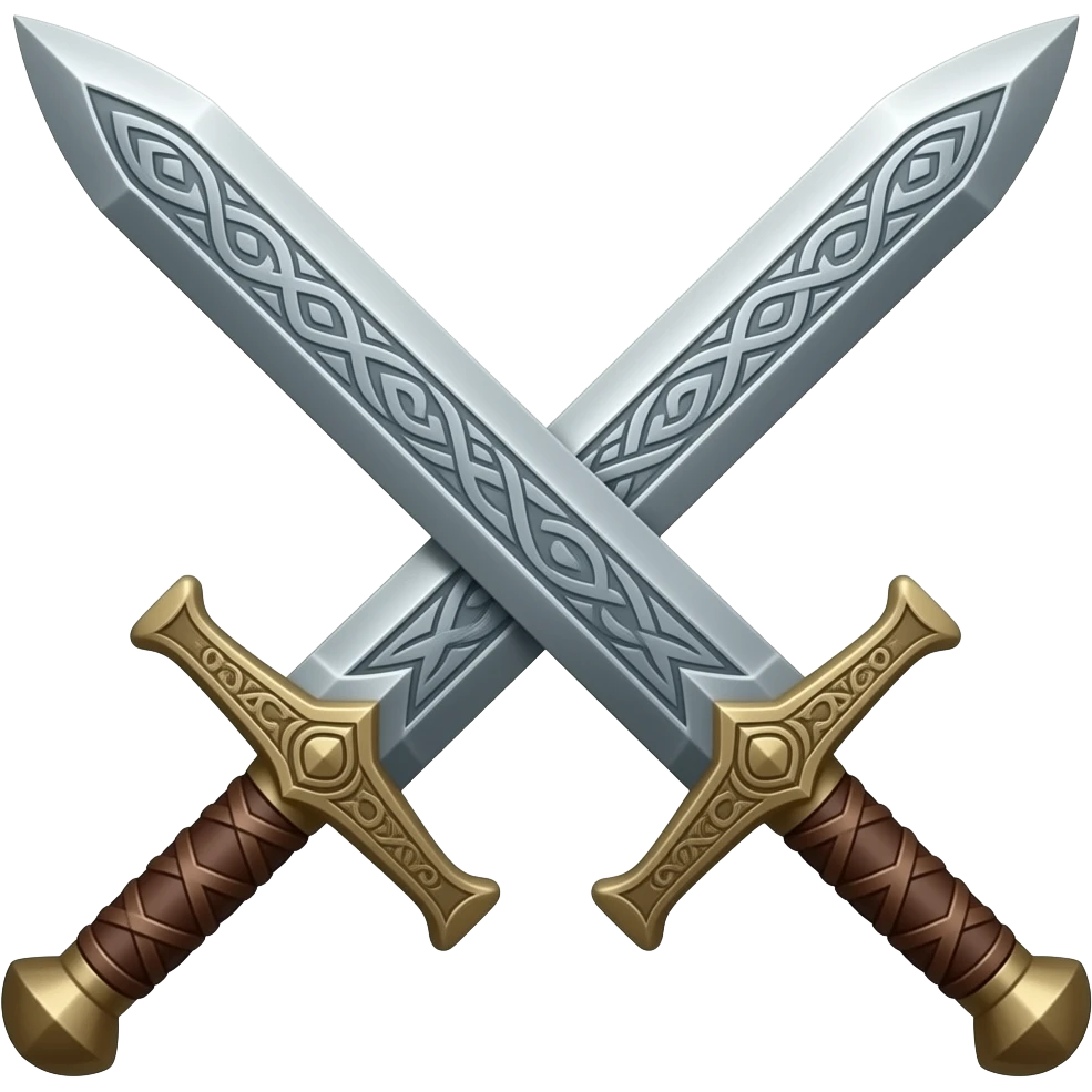 Two sharp swords, Right sword over the left sword, in a X pattern, engraved with ornate Norse markings, wooden handles with leather straps emoji