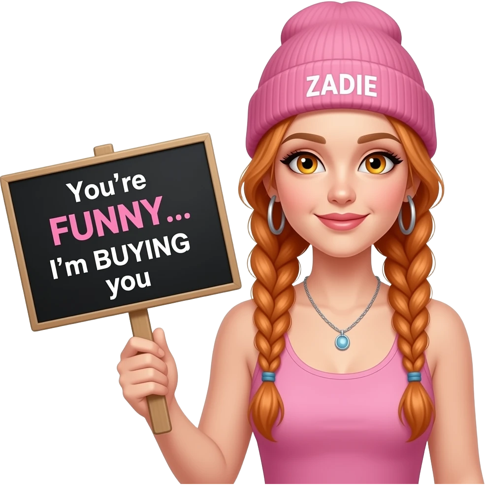 sexy girl with overlong ginger braids and ginger eyes wearing a pink tanktop and a pink beanie with ZADIE written on it, is holding a black sign with You're FUNNY... I'm BUYING you written on it emoji
