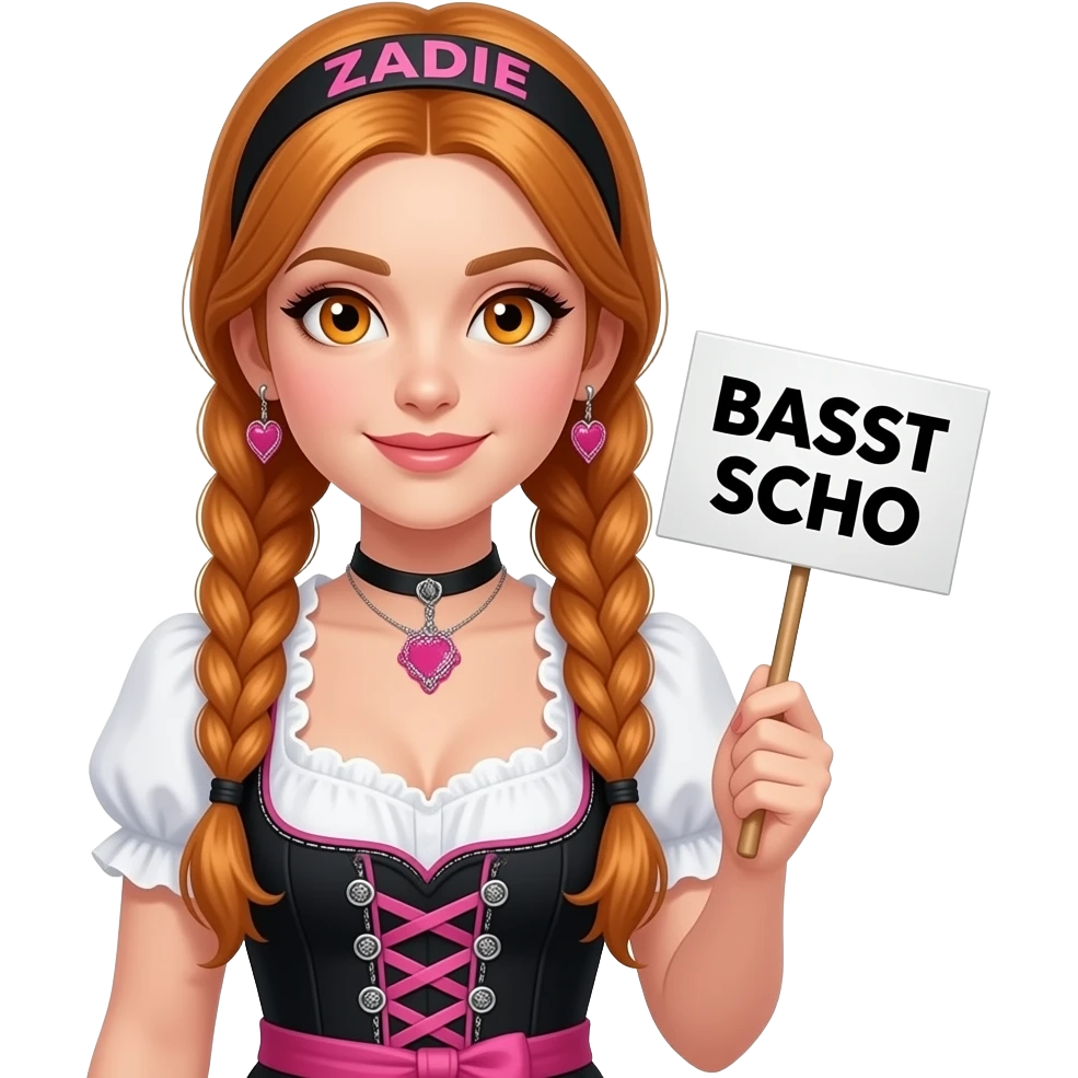 sexy girl with overlong ginger braids and ginger eyes wearing a black pink dirndl and a black pink headband with ZADIE written on it, is holding a sign with BASST SCHO written on it emoji