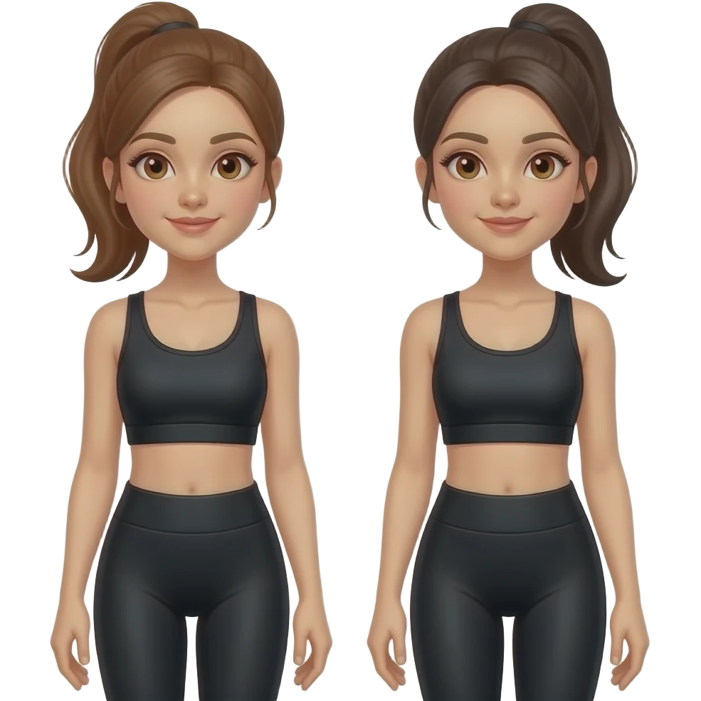 Girl dancers wearing black workout clothes, one with brown hair brown eyes and the other with darker hair and hazel eyes, both in ponytail, same skin tone emoji