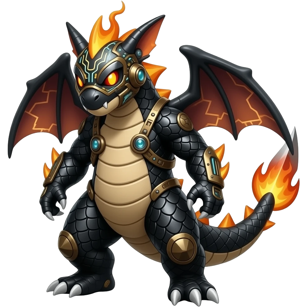 Cool edgy fiery electrical scaly cybernetic visor-face, Circuitry-patterned black-scaled digitigrade futuristic fantasy-Cyberpunk-Steampunk-Solarpunk-Sharpedo-Garchomp-Genesect-Cyclizar-Salandit-Protogen-Fakémon-hybrid, tail blade, back spikes emoji