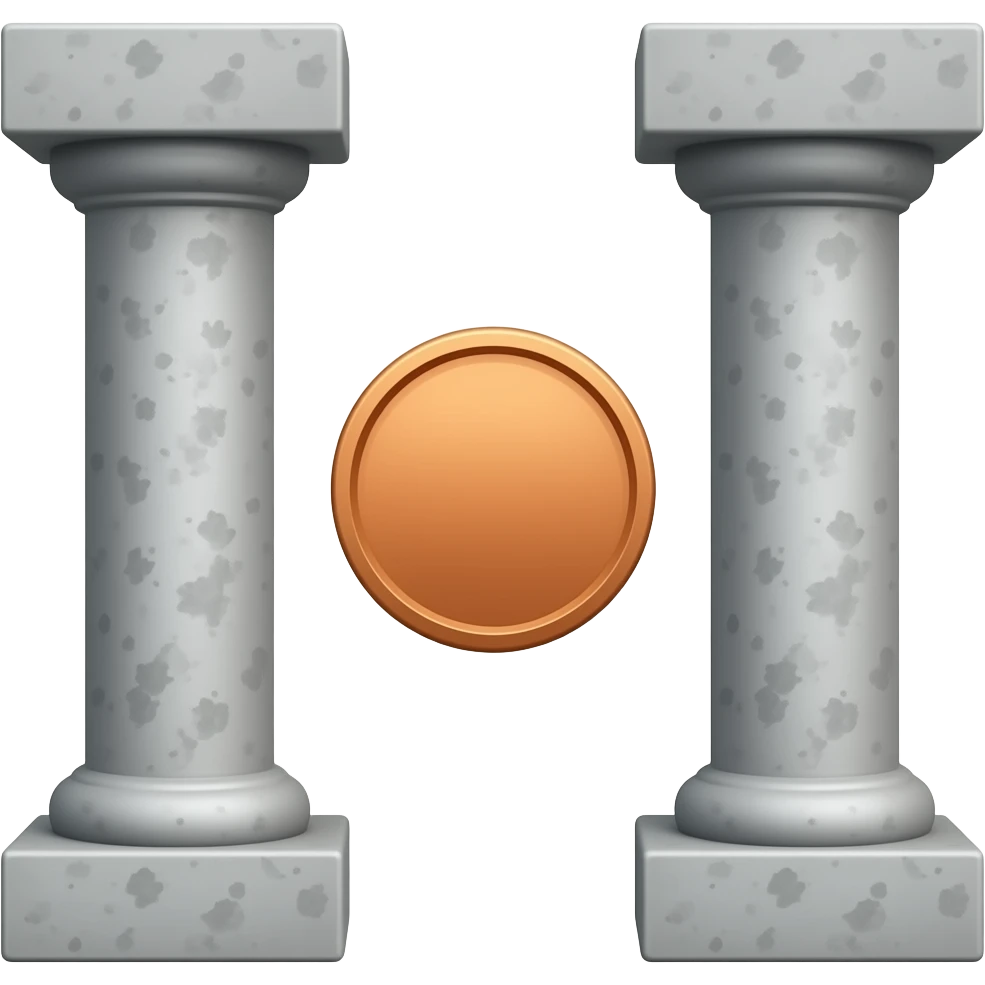 Two concrete pillars, with a copper coin in between, apple emoji style emoji