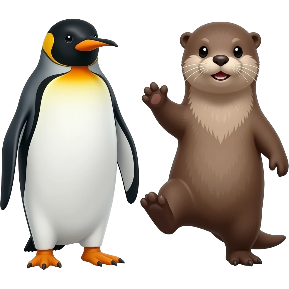 a penguin and an otter together kicking a 3rd character, an orange ...