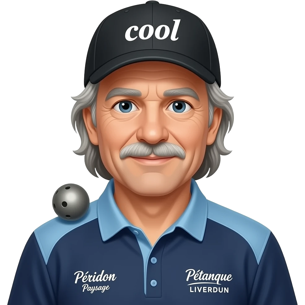 tête homme 70 ans cheveux longs sous casquette noire marquée "cool" avec boule de pétanque grise sur maillot bleu foncé avec col trois boutons bleu clair avec épaules seules bleu clair coté droit Pétanque LIVERDUN, côté gauche "Péridon Paysage" emoji