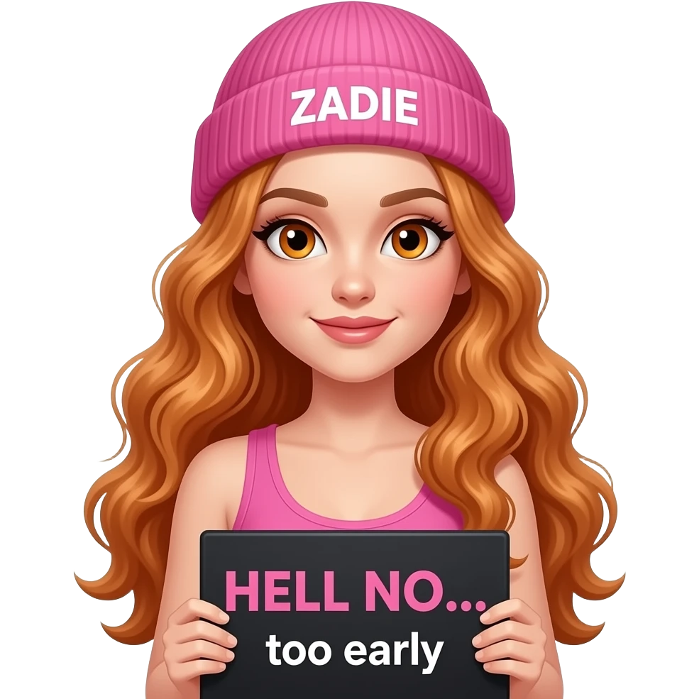sexy girl with overlong wavy ginger hair and ginger eyes wearing a pink tanktop and a pink beanie with ZADIE written on it, is holding a black sign with HELL NO... too early written on it emoji