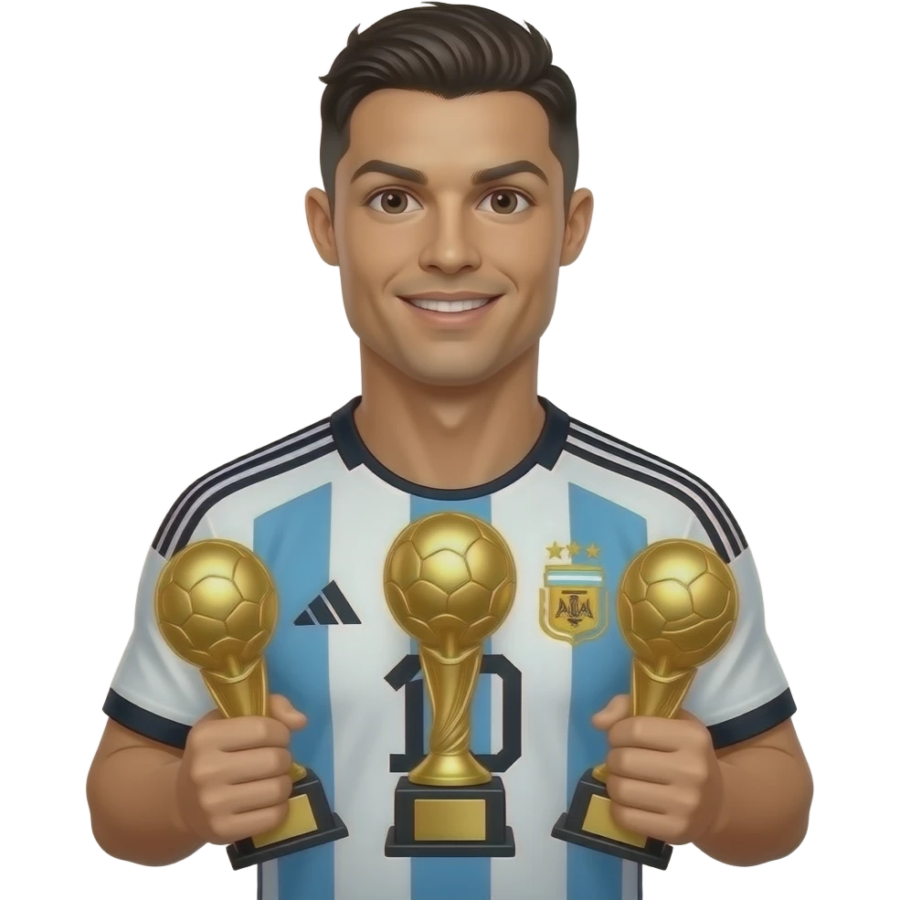 Cute 3D Ronaldo emoji wearing Argentina jersey, holding 3 golden trophies on chest, cartoon emoji style, ultra detailed, white background emoji