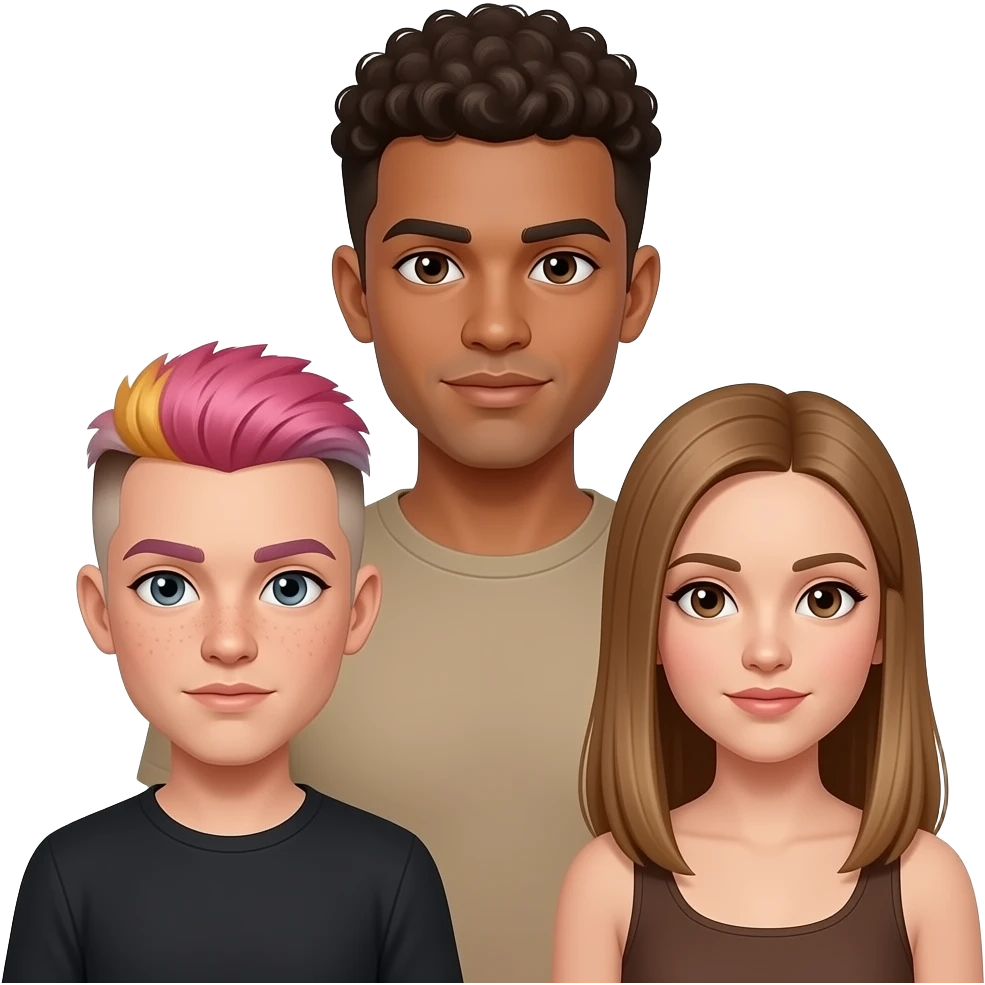 three people: short pale nonbinary person with short pink hair and a brown undercut + eyebrows with gray eyes and freckles, a tall beige-skinned man with dark brown eyes + very short curly hair, and a medium height woman with light tan skin, light brown straight long hair, and brown eyes emoji