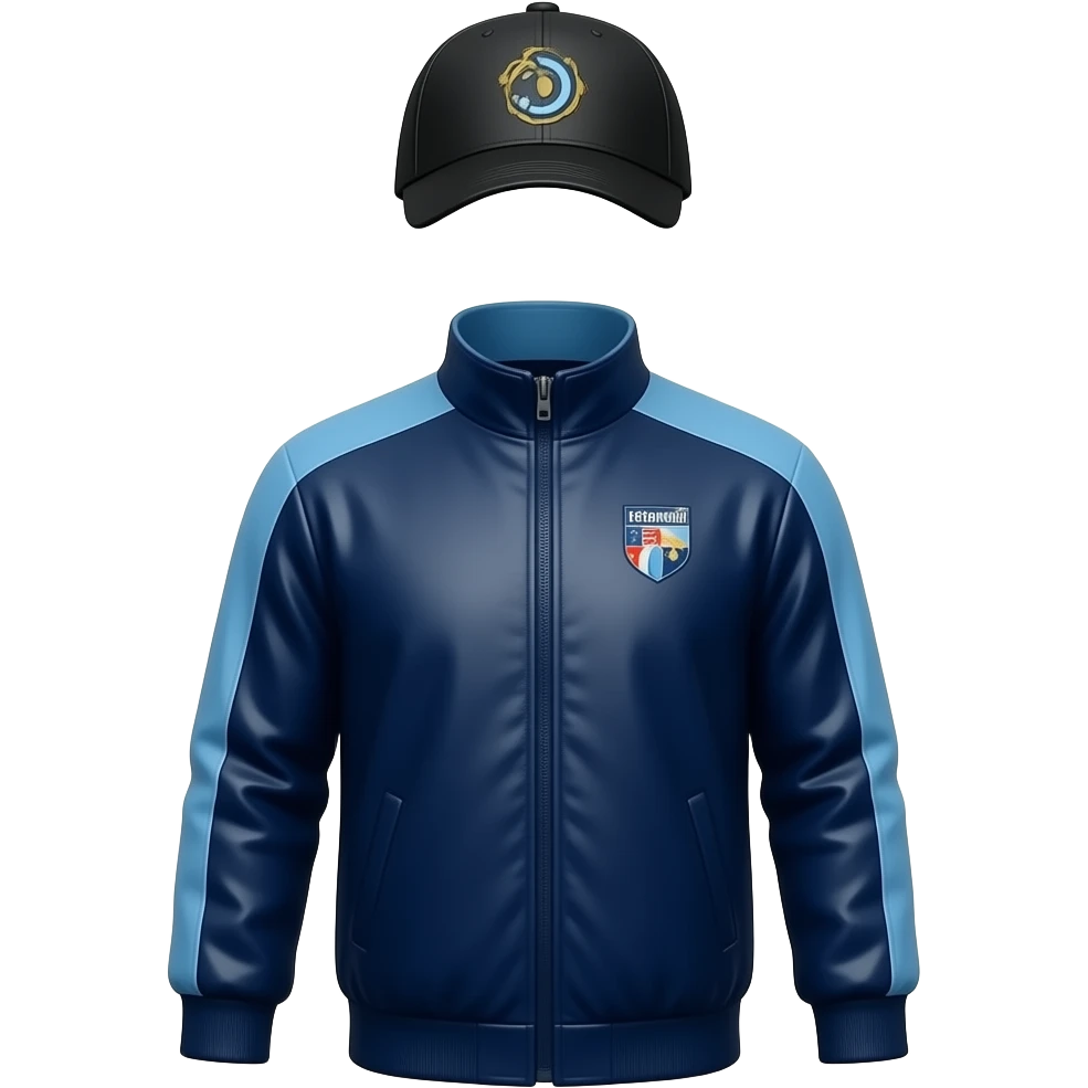 veste jogging bleu marine col et épaules bleu clair et logo pétanque liverdunoisecasquette noire logo Liverdun emoji