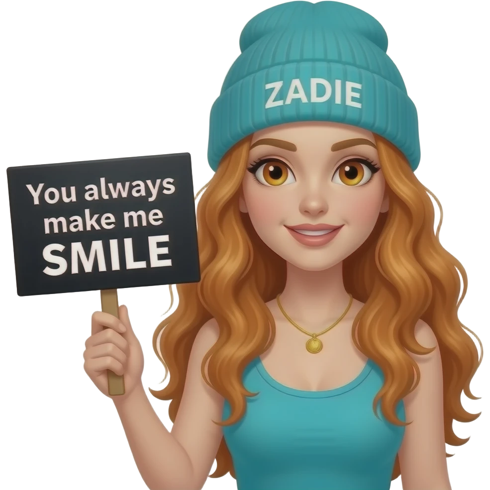 sexy girl with overlong wavy ginger hair and ginger eyes wearing a turquoise tanktop and a turquoise beanie with ZADIE written on it, is holding a black sign with You always make me SMILE written on it emoji