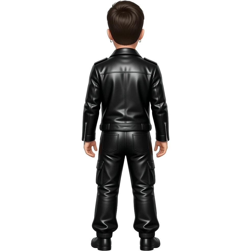 Bono from behind with medium black hair, black latex jacket, black latex baggy pants, necklace and earrings emoji