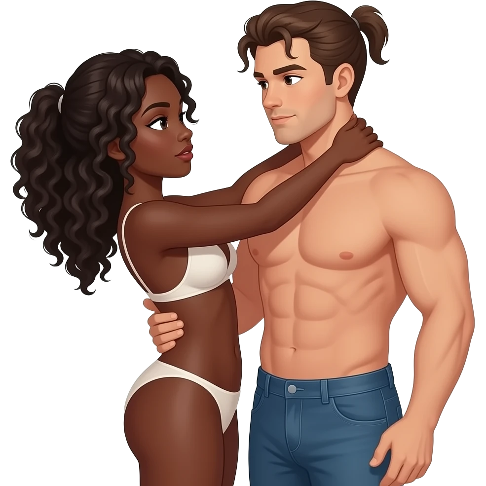 Darker skin Black girl sex position with tan white guy with brown pony tail emoji