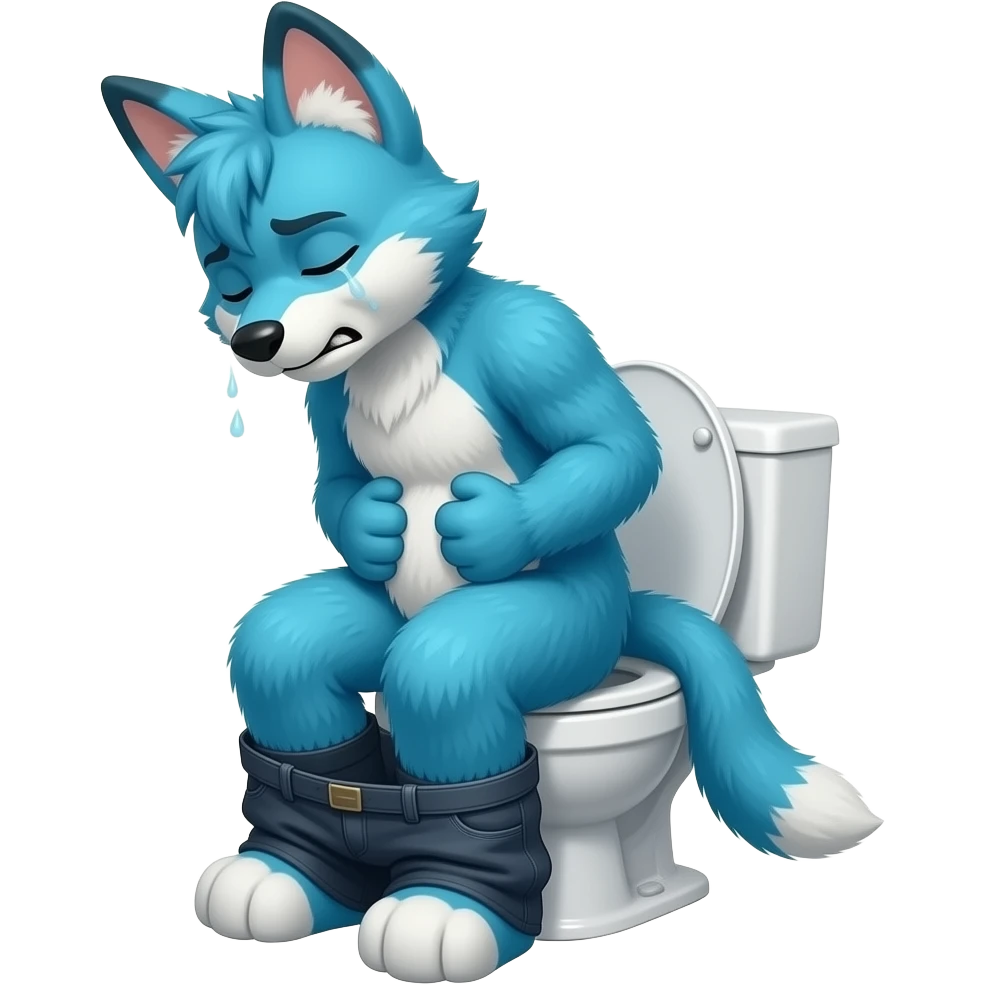 blue fursuit sitting on toilet, side view, pants down, sitting on toilet, side view, pants down, straining,  eyes closed, pushing, squeezing, sick, hands on stomach emoji