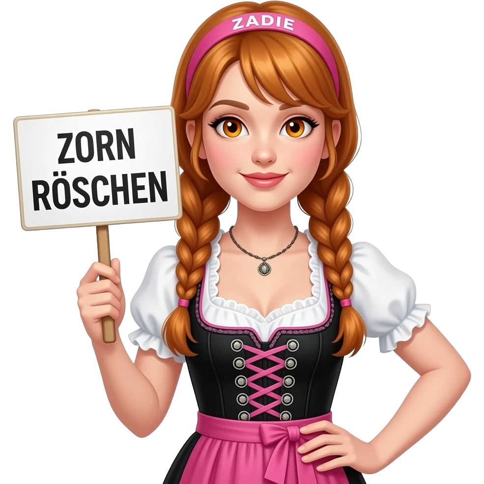sexy girl with overlong ginger braids and ginger eyes wearing a black pink dirndl and a pink headband with ZADIE written on it, is holding a sign with ZORN RÖSCHEN written on it emoji