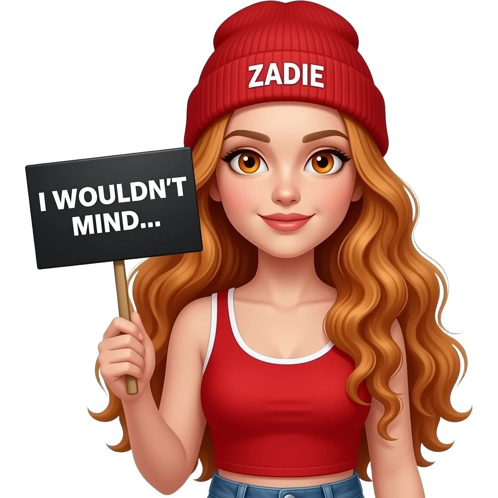 sexy girl with overlong wavy ginger hair and ginger eyes wearing a red tanktop and a red beanie with ZADIE written on it, is holding a black sign with I WOULDN'T MIND... written on it emoji