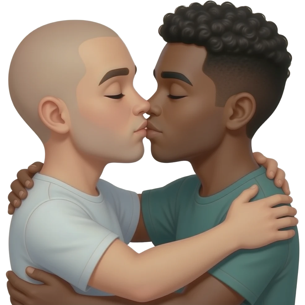 2 gay man: one bold and one black with a Afro haircut, hugging and kissing in a very loving way emoji