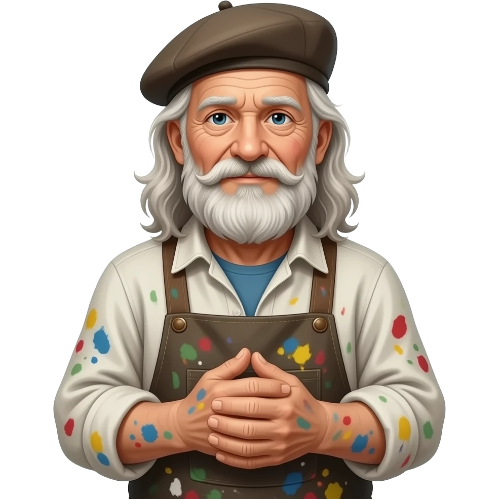 long hair old artist with beret paint-splattered smock emoji