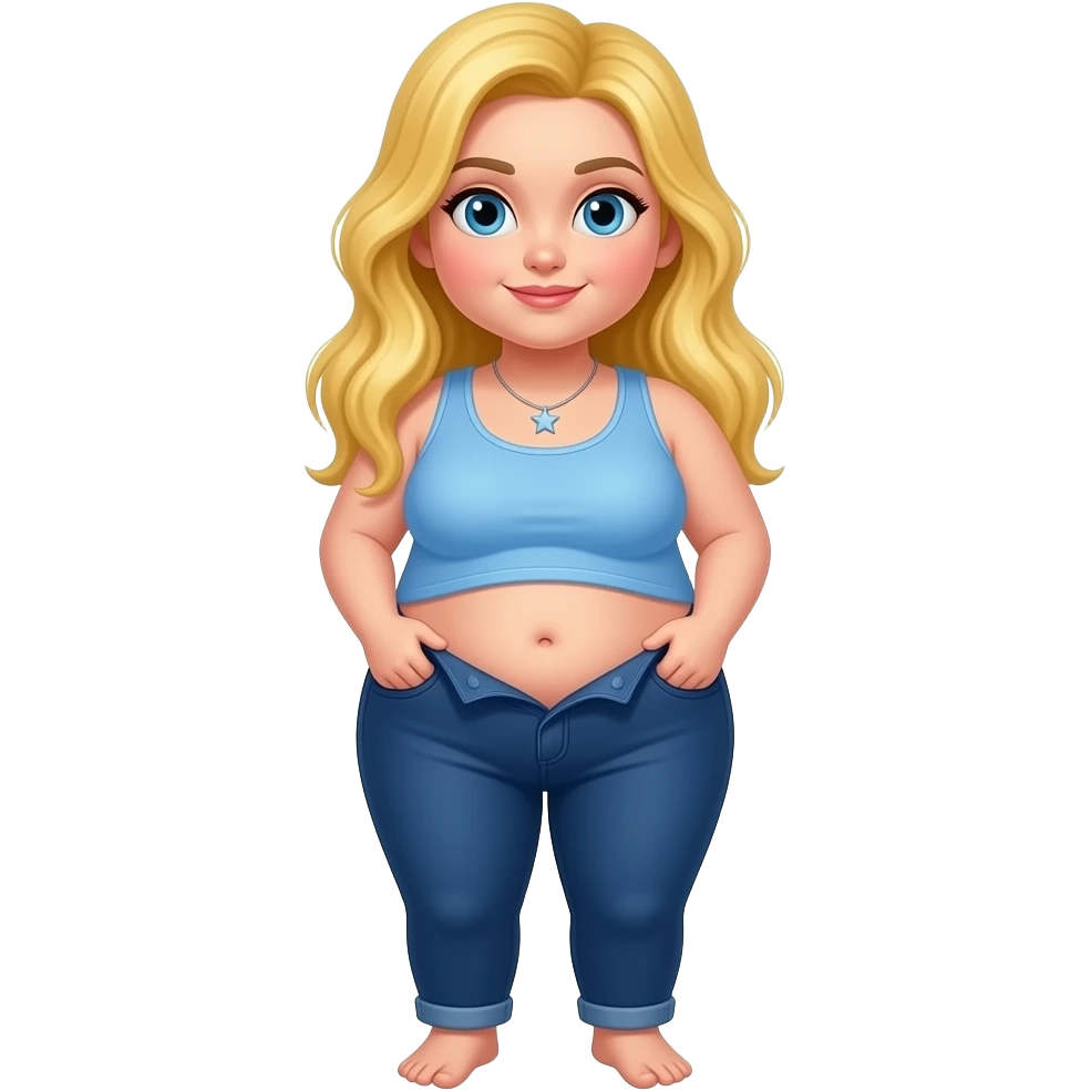 Chubby white girl blue eyes yellow long hair light blue tank top star necklace dark blue plain pants showing her feet lifting her shirt to show chubby belly button emoji