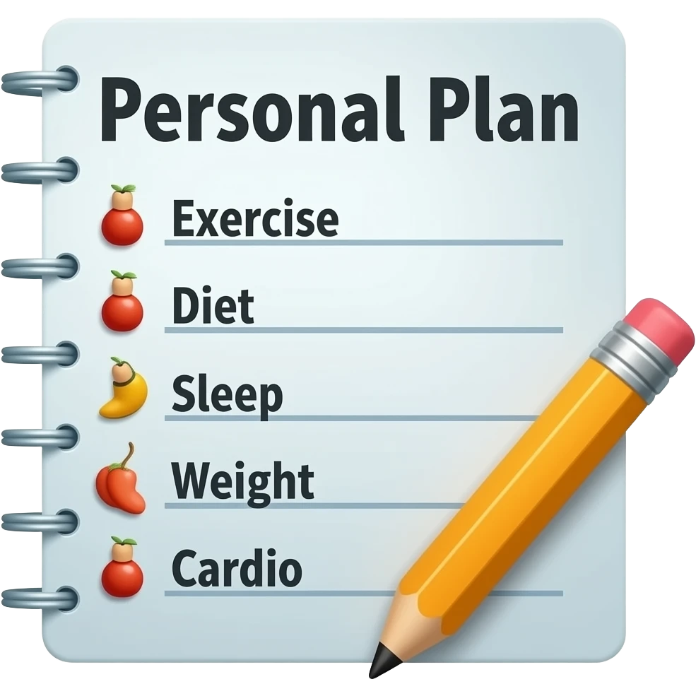 A gym workout plan, with a pencil in the corner and titled "Personal Plan," should clearly state the following: exercise diet sleep weight cardio emoji