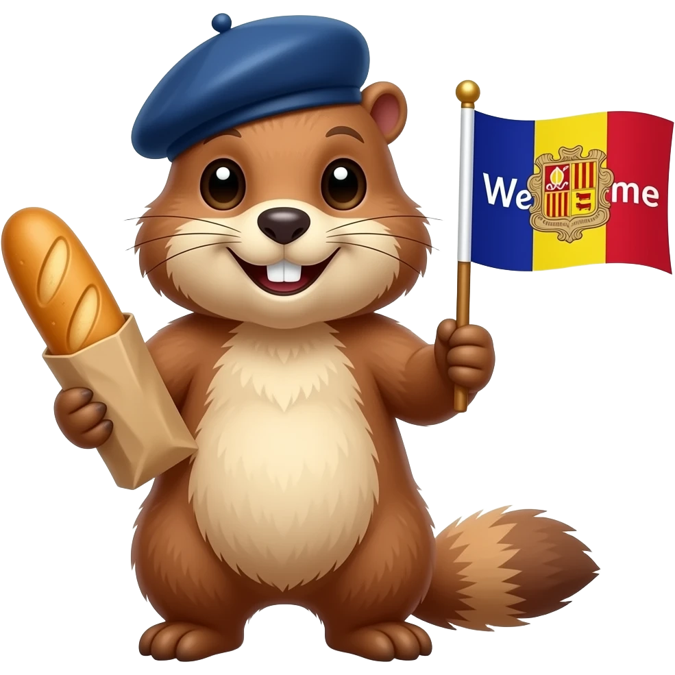 A smiling marmot wearing a French beret and holding a baguette of bread in one hand. In the other hand, it is holding the Andorran flag with the word “Welcome” written on it. emoji