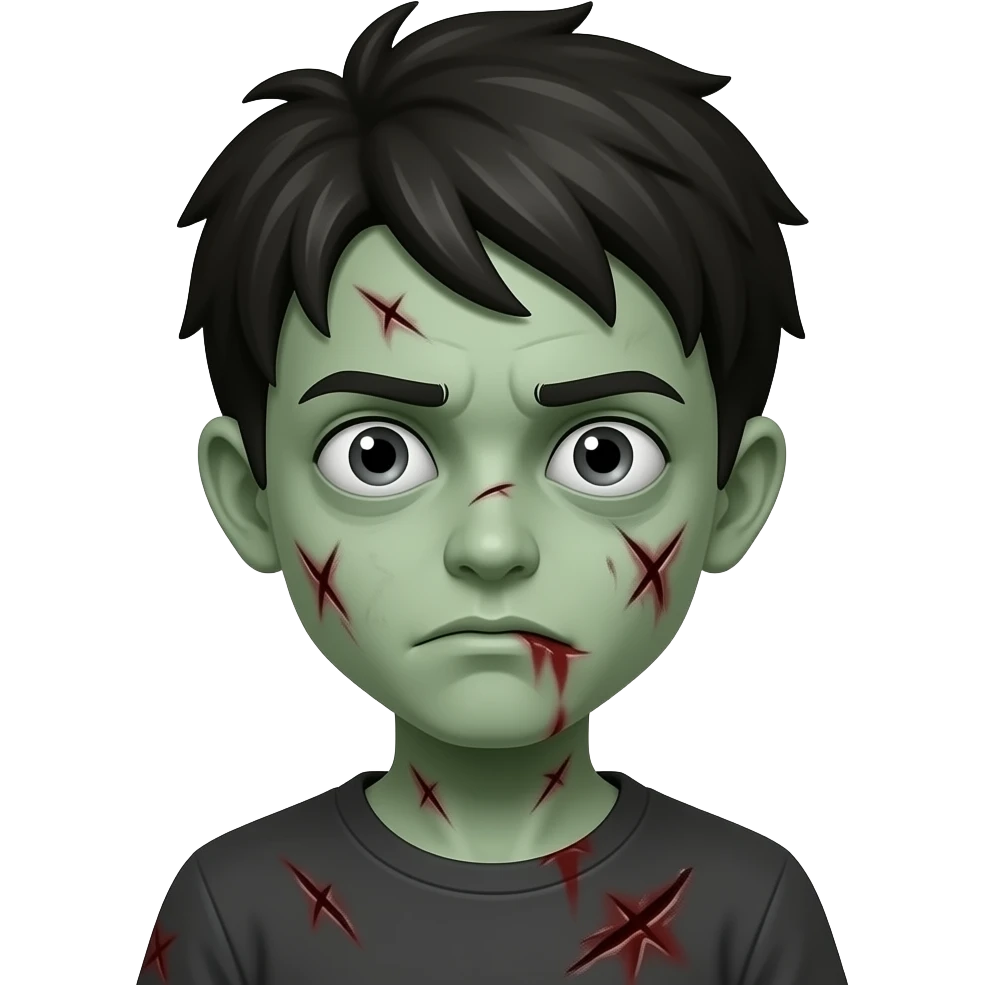 zombie boy with pale green skin, visible wounds, dead eyes emoji