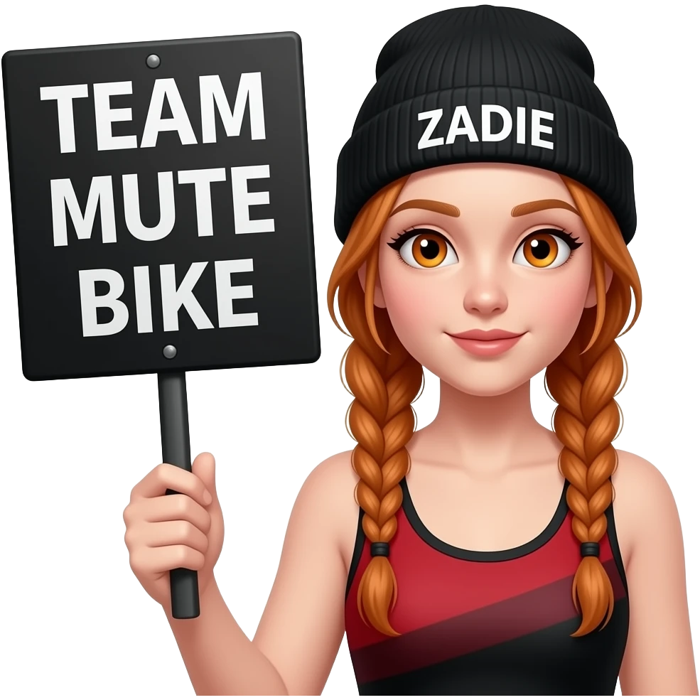 sexy girl with overlong ginger braids and ginger eyes wearing a red black tanktop and a black beanie with ZADIE written on it, is holding a black sign with TEAM MUTE BIKE written on it emoji