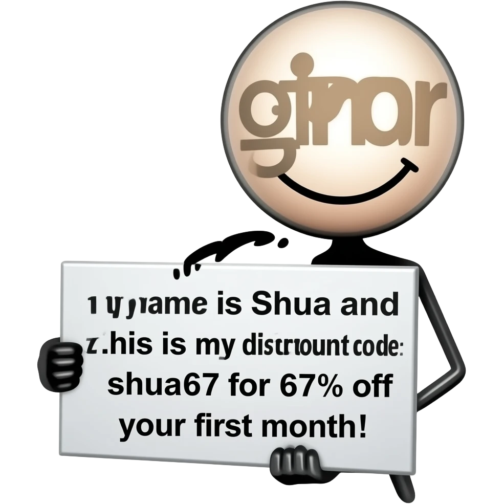 stick figure with the grindr logo as his head holding a sign saying “my name is shua and this is my discount code: shua67 for 67% off your first month! emoji