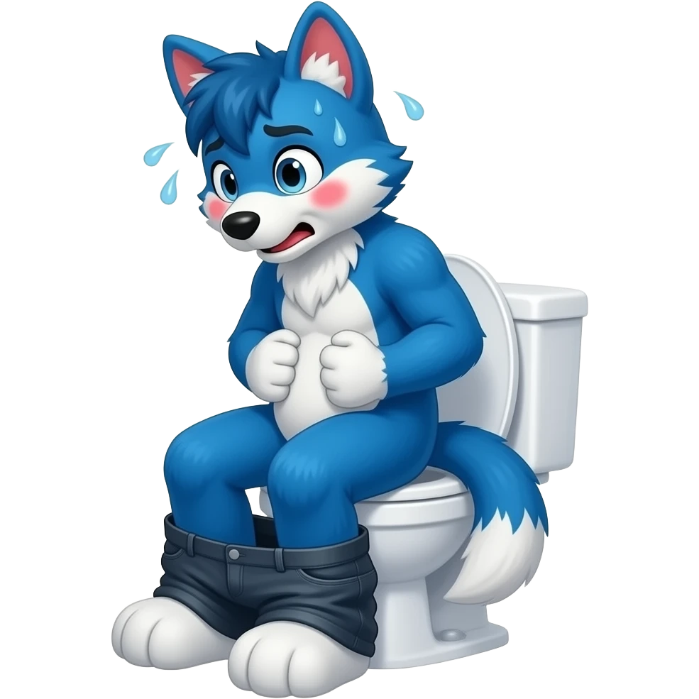 blue fursuit sitting on toilet, pants down, side view , both fists near stomach, uncomfortable, squeezing, straining, sweating, red cheeks, diarrhea emoji