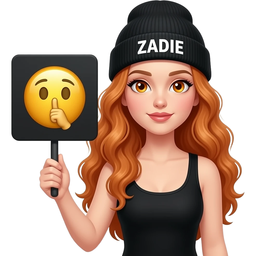 sexy girl with overlong wavy ginger hair and ginger eyes wearing a black tanktop and a black beanie with ZADIE written on it, is holding a black sign with 🤐 on it emoji