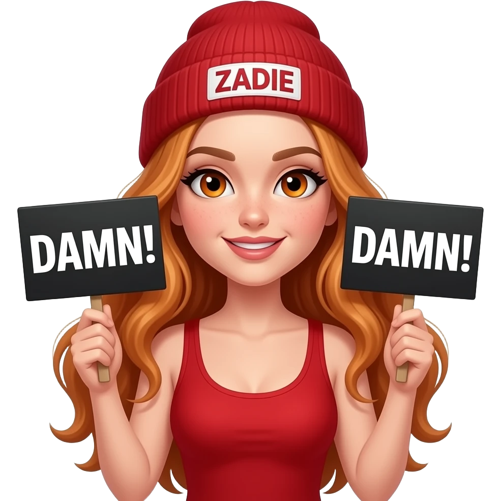 sexy girl with overlong wavy ginger hair and ginger eyes wearing a red tanktop and a red beanie with ZADIE written on it, is holding a black sign with DAMN! written on it emoji