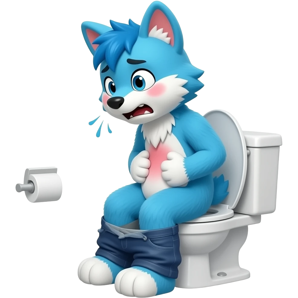 blue fursuit sitting on toilet, side view, pants down, straining face, blushing face, pain, pushing, both hands on stomach, discomfort, grunting emoji