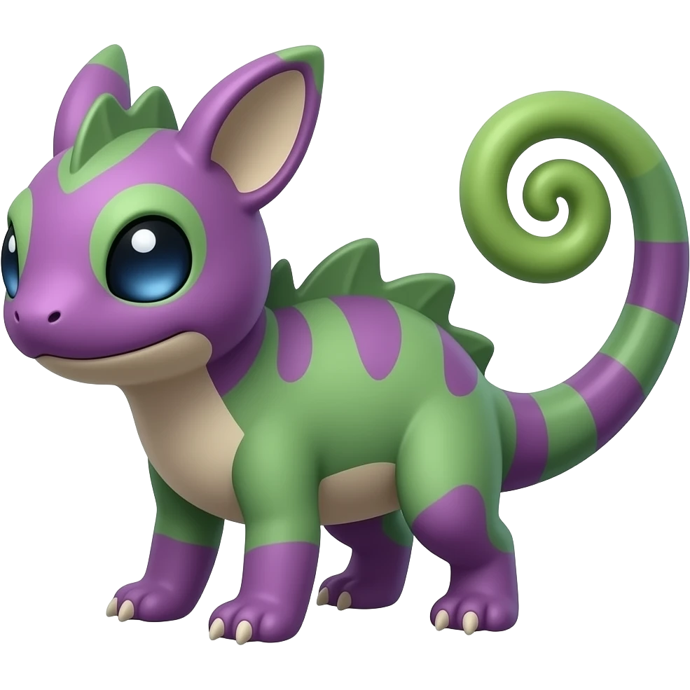 Purplish reddish greenish Rattata-Vaporeon-Litten-Fakémon-hybrid with a chameleon tail emoji