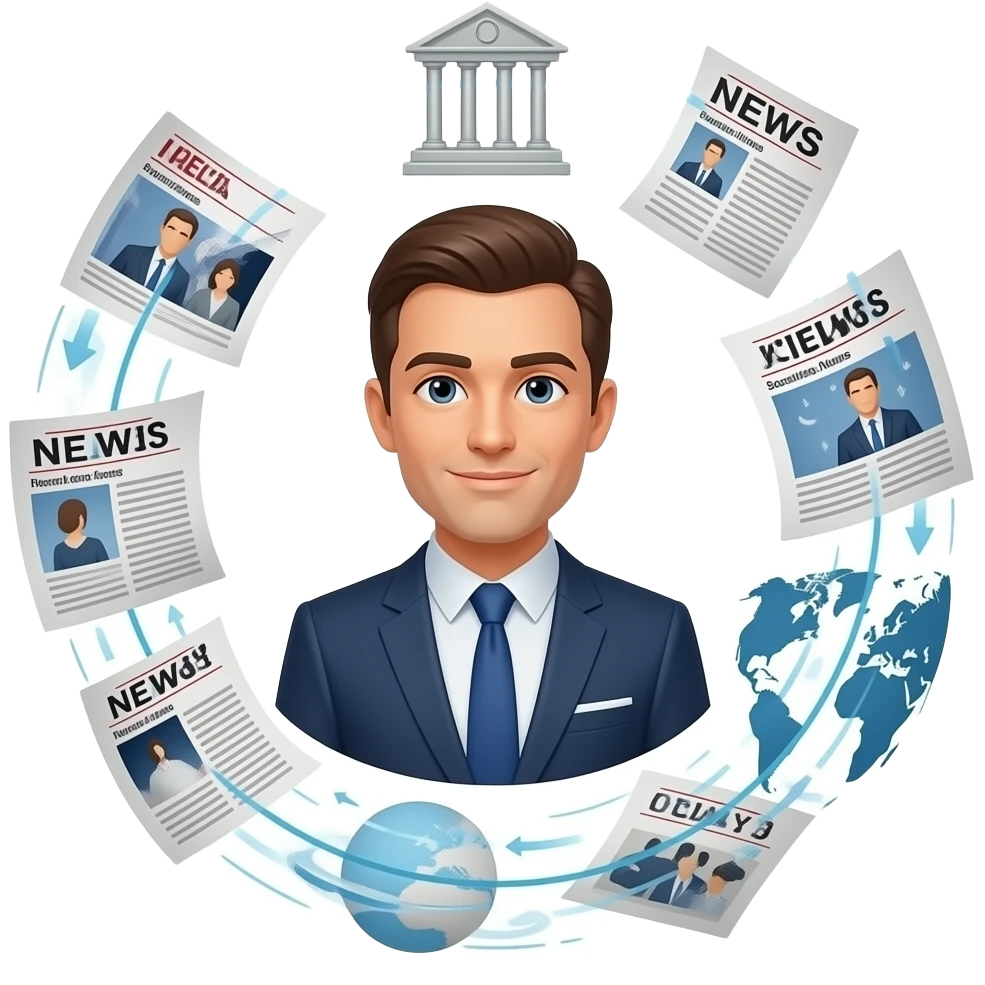 trader in center, floating elements orbit around him (news headlines, central bank icons, money flow lines, world map), fast motion, overwhelming environment, camera orbit emoji
