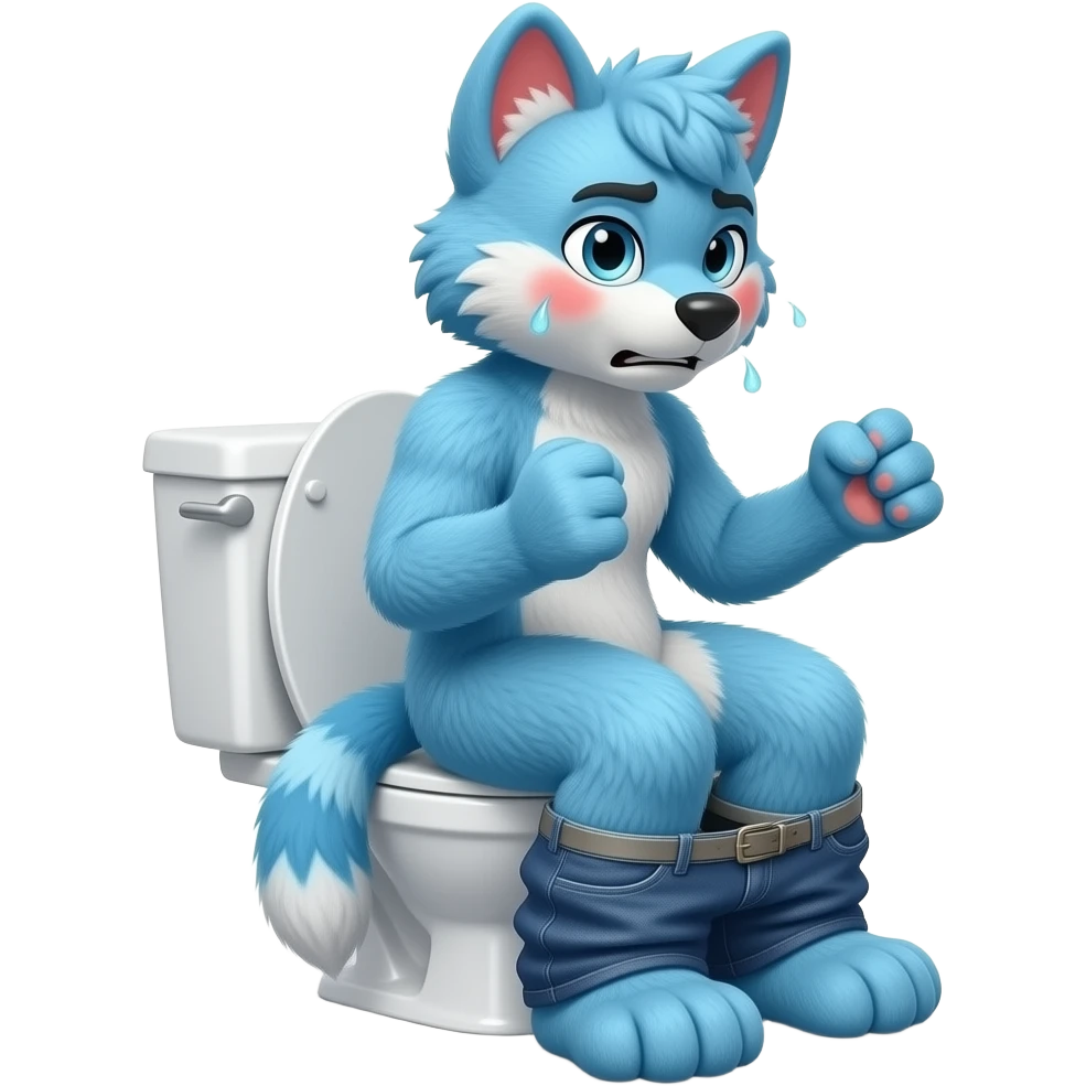 blue fursuit sitting on toilet, pants down, side view , both fists , uncomfortable, squeezing, straining, sweating, red cheeks, emoji