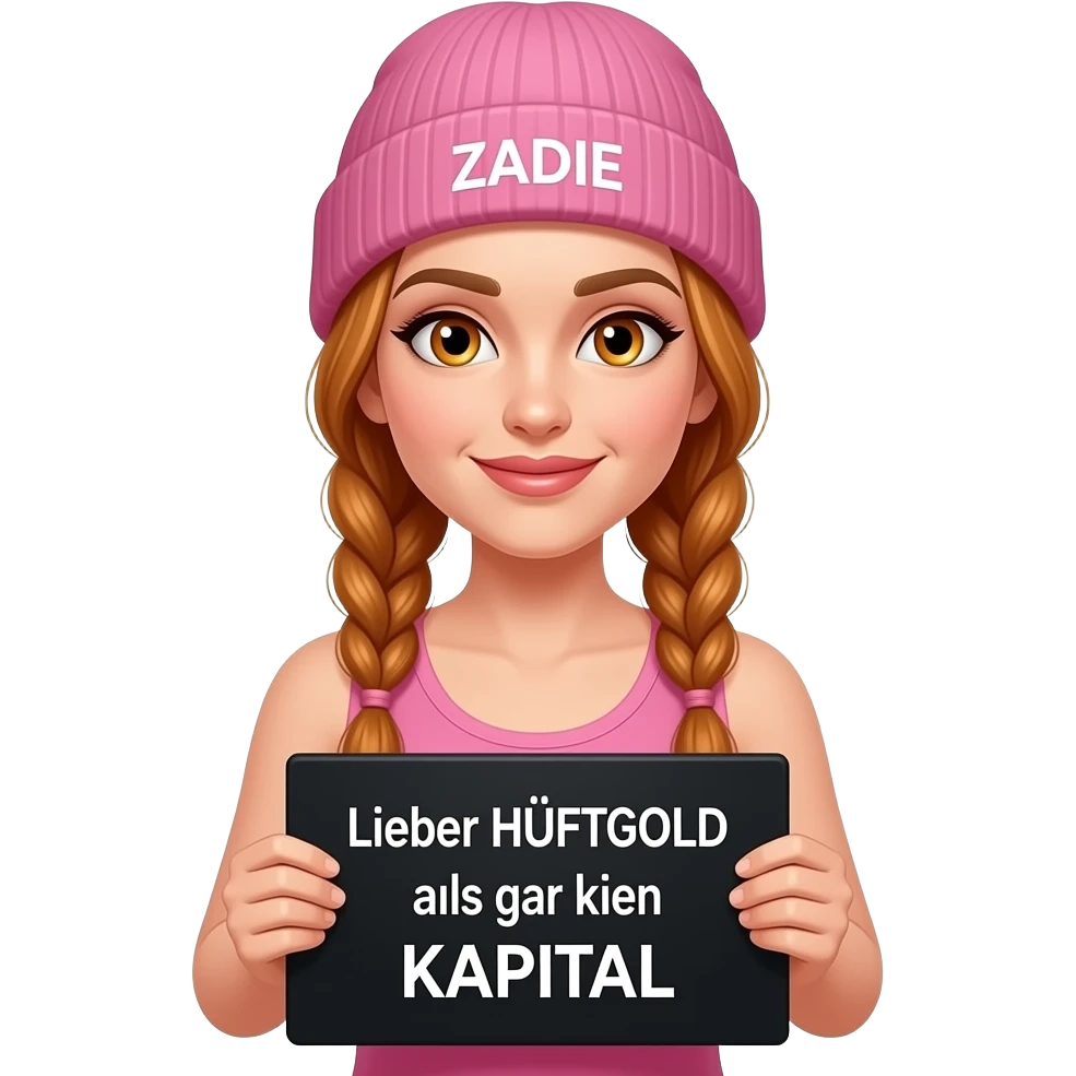 sexy girl with overlong ginger braids and ginger eyes wearing a pink tanktop and a pink beanie with ZADIE written on it, is holding a black sign with Lieber HÜFTGOLD als gar kein KAPITAL written on it emoji