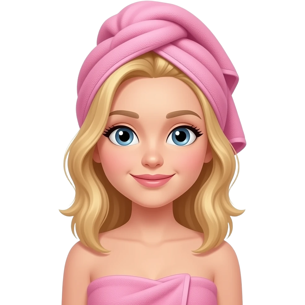 Clean girl influencer character, chest-up portrait, wearing a pink towel wrapped around the head, light yellow bronze hair, soft light emoji