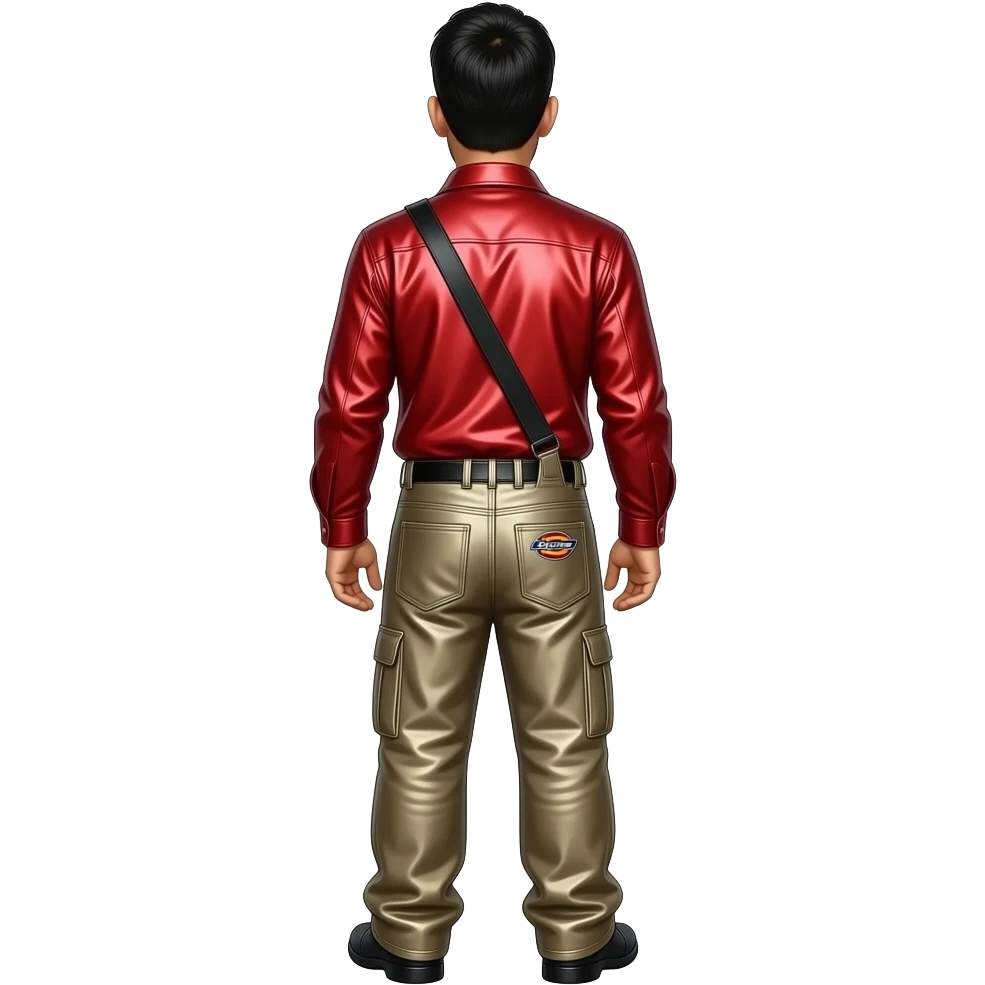 Chino Moreno from behind with red metallic shirt, dark beige metallic baggy dickies pants emoji