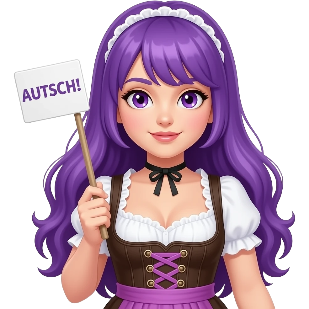 sexy girl with long purple hair and purple eyes wearing a dirndl holding a AUTSCH! sign emoji