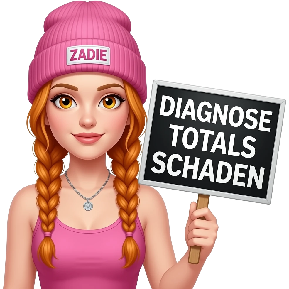 sexy girl with overlong ginger braids and ginger eyes wearing a pink tanktop and a pink beanie with ZADIE written on it, is holding a black sign with DIAGNOSE TOTALSCHADEN written on it emoji