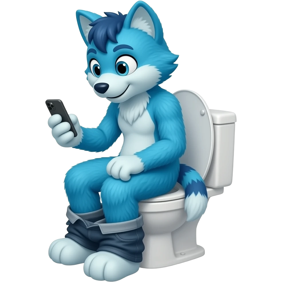 blue fursuit sitting on toilet, side view, pants down, looking down at phone emoji