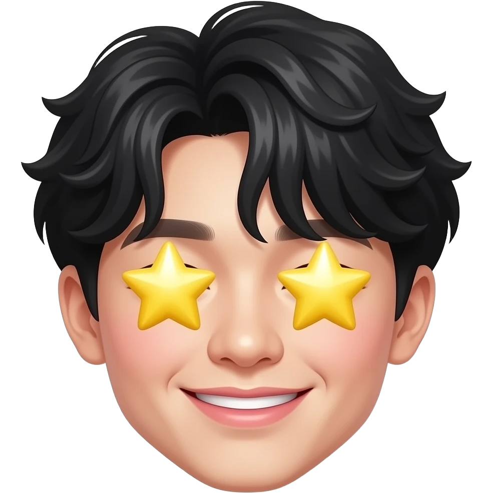 🤩 star-struck Korean boy emoji, fluffy black wavy bangs, eyes replaced with BIG sparkling yellow stars,  high nose bridge, soft pink lips, playful mischievous smile, glossy 3D cartoon render, vibrant colors, white background, face only emoji