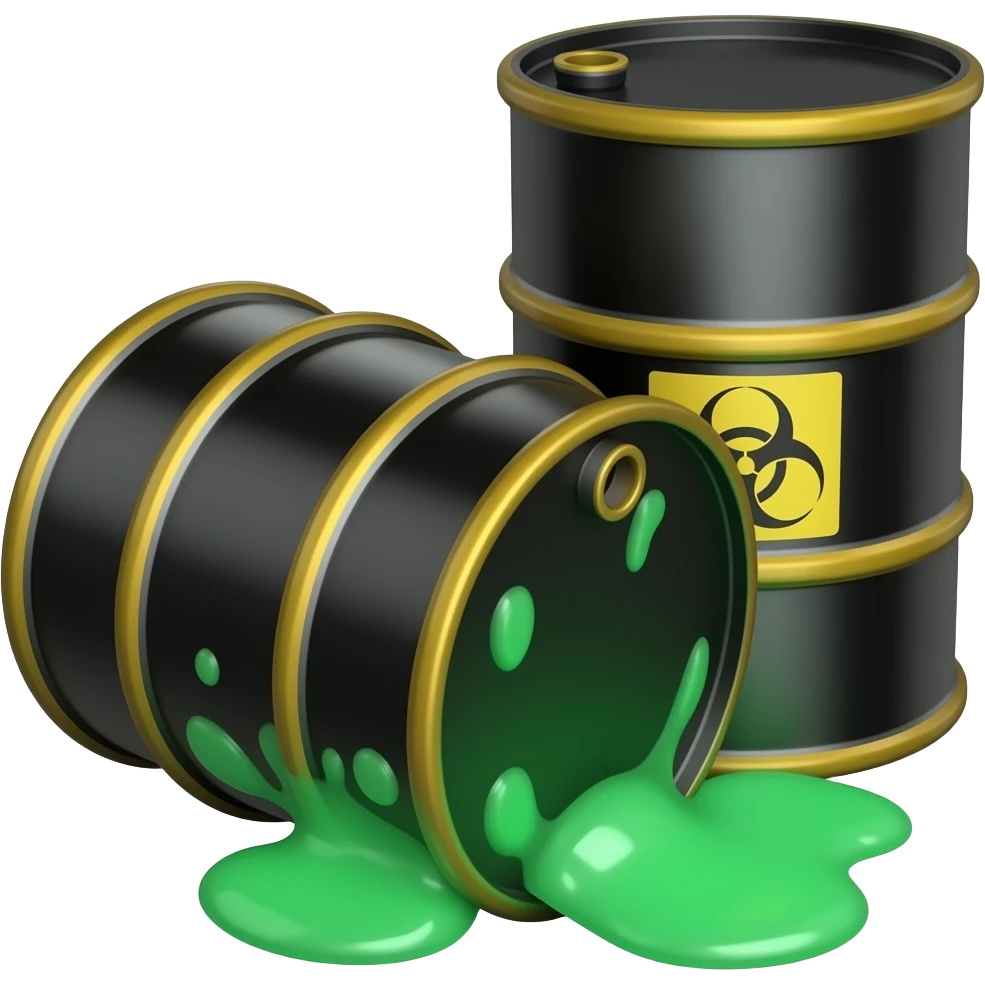 A spilled green glowing liquid is overturned on the front of the barrel (black with yellow contours), the second barrel behind the first is a biological hazard sign. emoji