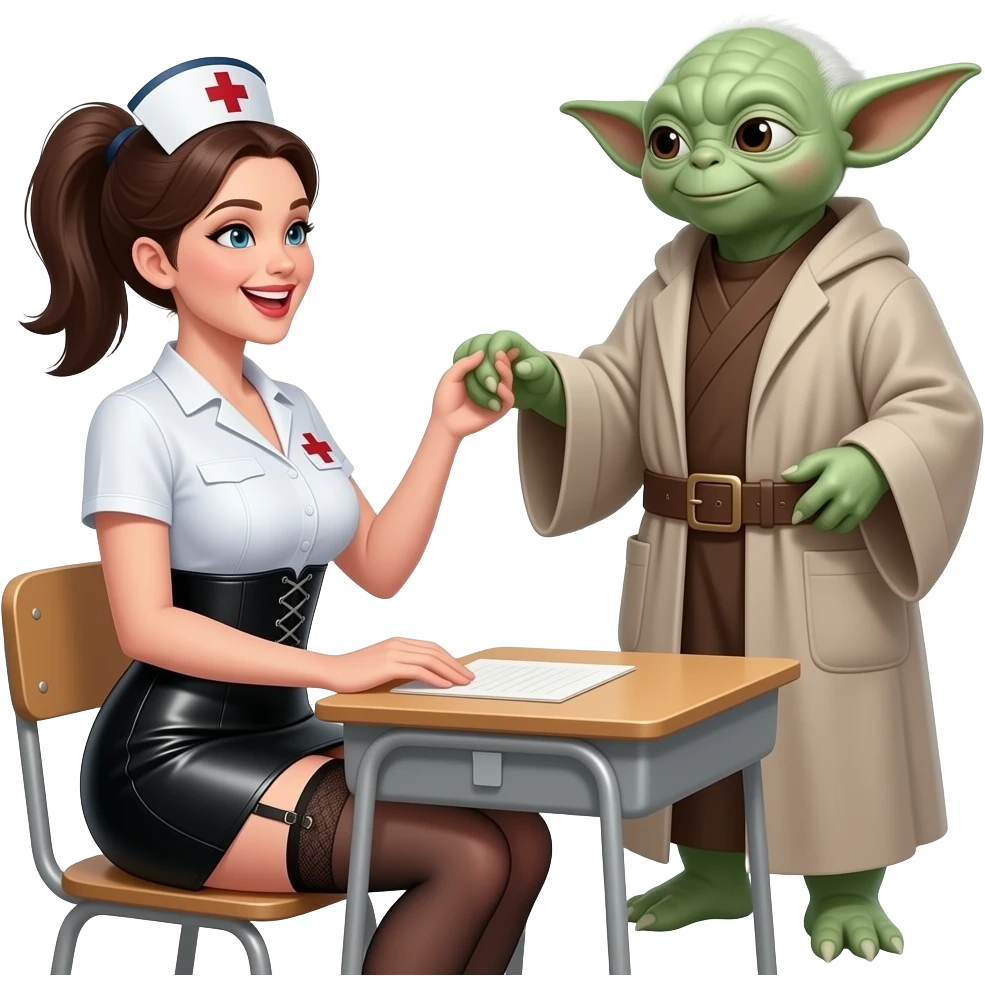 Pony tailed nurse with garter belt and very large breasts, wearing a tight small, low cut black leather skirt, smiling with open mouth, sitting at school desk, facing a tall Yoda dressed as a tutor, holding one hand with Yoda, other hand in Yoda belt emoji