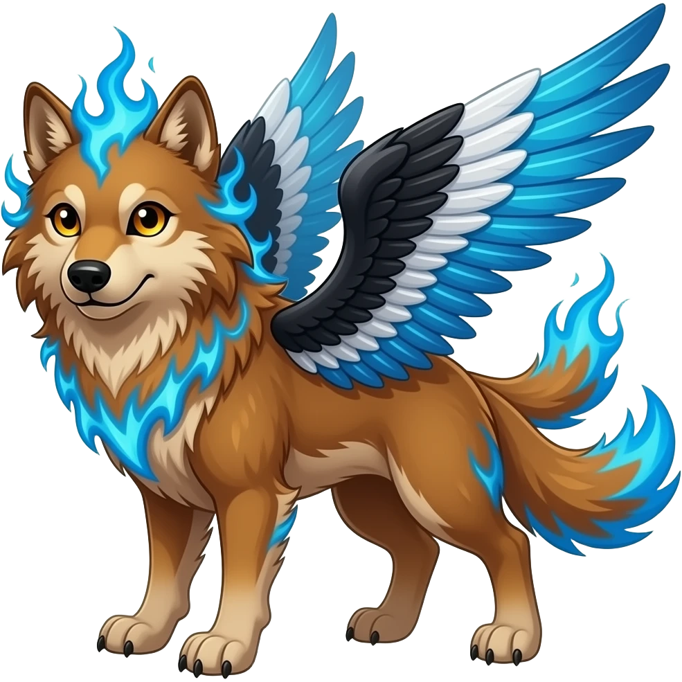 A large russet brown wolf with orange blue and gold eyes , black white and blue wings, blue flames in the fur and THREE tails emoji