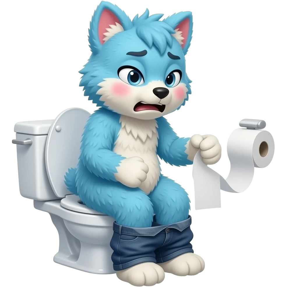 blue fursuit sitting on toilet, side view, pants down, straining face, blushing face, pain, pushing, holding toilet paper, discomfort, grunting emoji