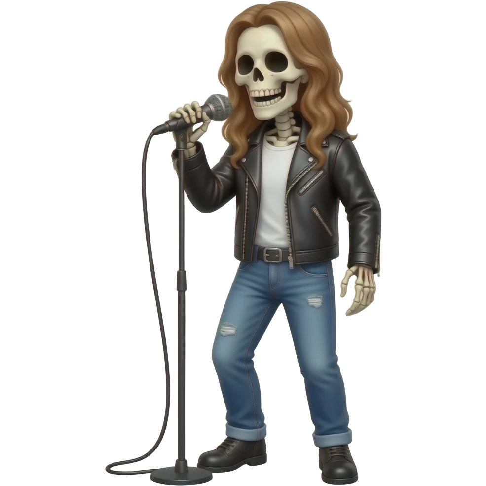 A "full body" long haired skeleton wearing jeans and a leather jacket singing into a mic emoji