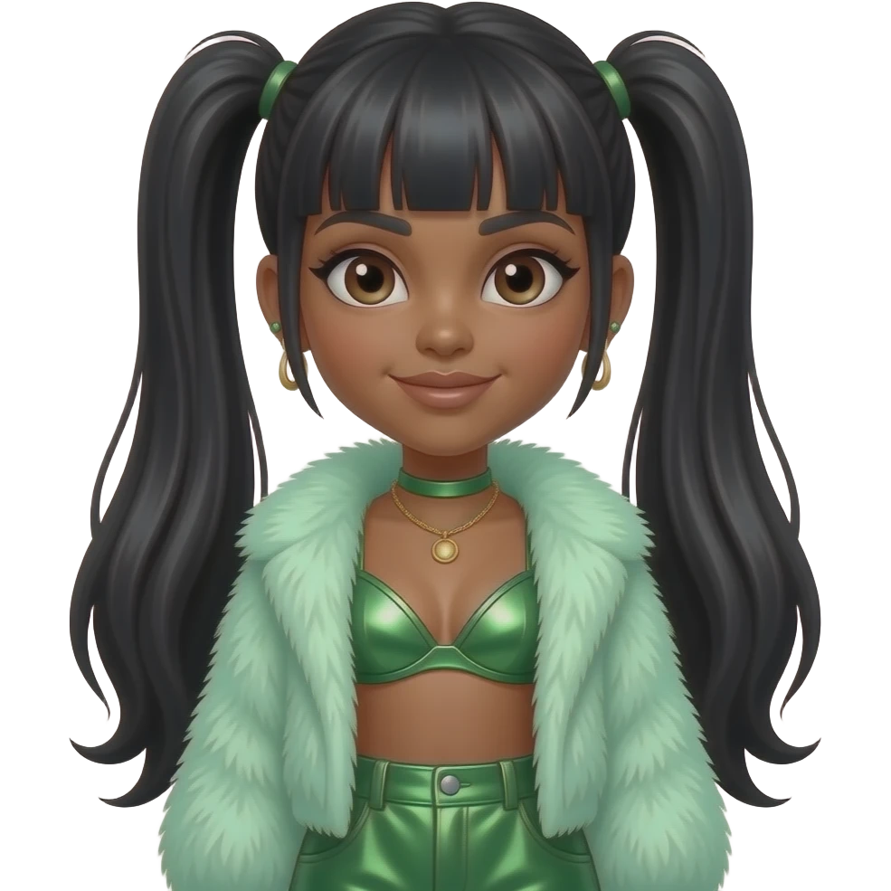 Left Eye from TLC with medium brown skin, brown eyes, black straight two ponytail bang hair, mint green fur shawl, green metallic bra, green metallic baggy pants, necklace and earrings emoji