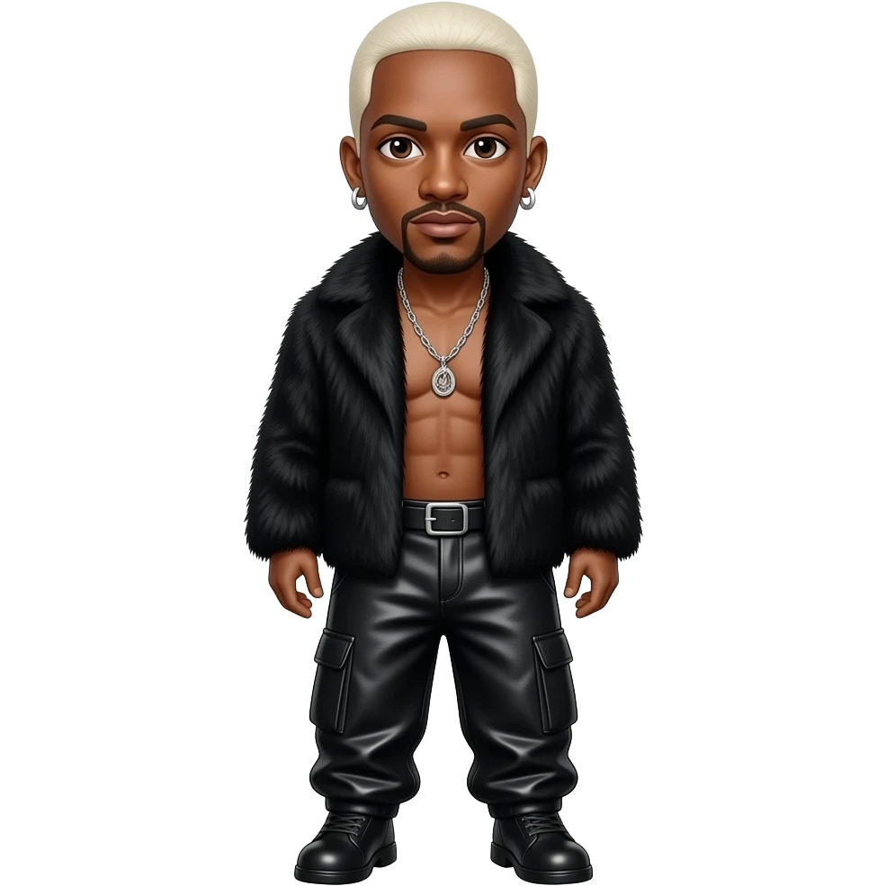 Sisqo with dark brown eyes, white blonde buzz cut hair, black fur shawl, black metallic baggy pants, shirtless with necklace and earrings emoji